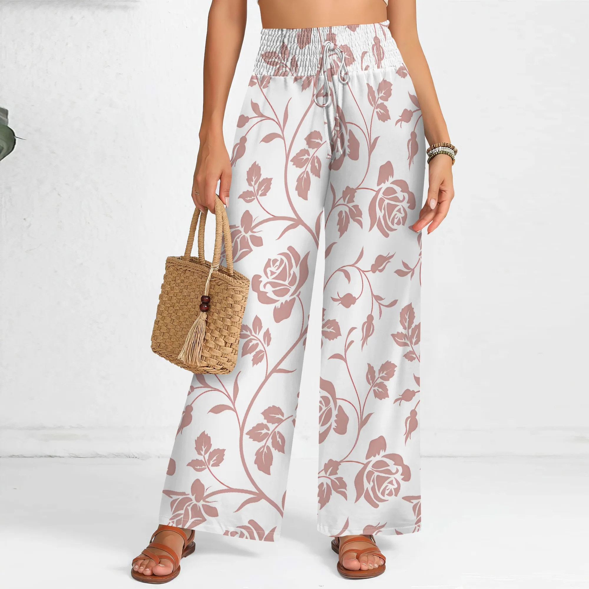 

Nupusa Rose Print Pants for Women Standard Size Summer Casual High - Waist Wide Leg Pants