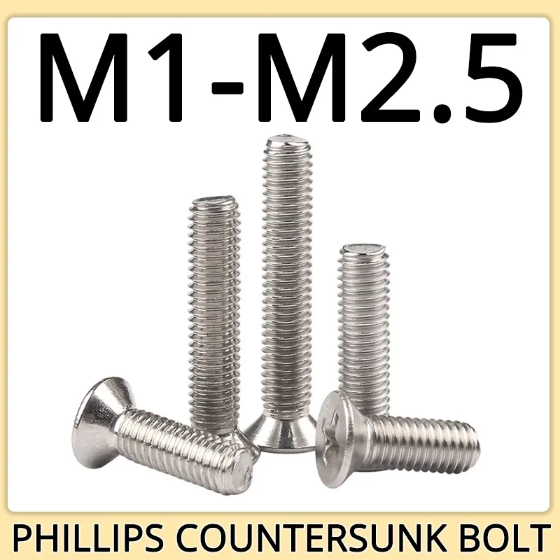 M1 M1.2 M1.4 M1.6 M2 M2.5 Machine Screw Phillips Flat Head Metric Thread Countersunk Small Bolt 304 Stainless Steel Hardware