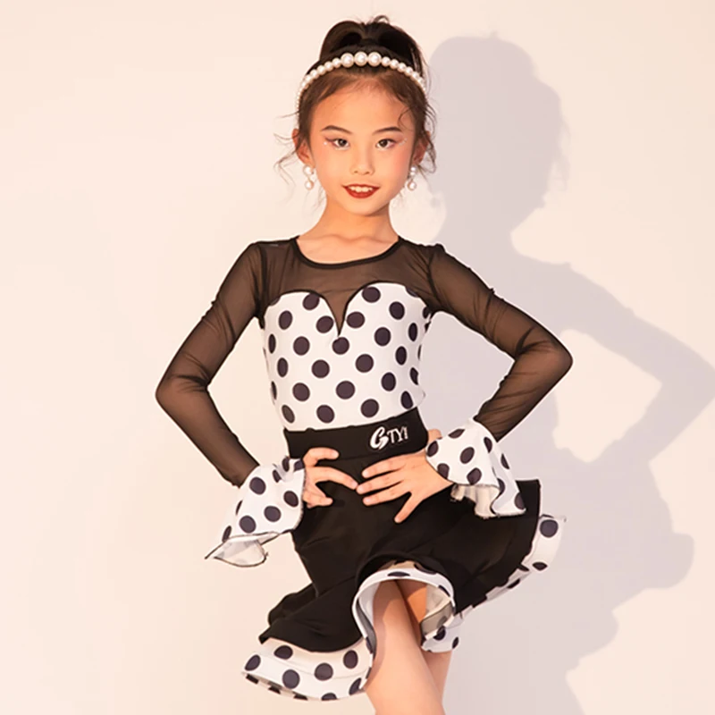 2024 Girls Latin Dance Dress Competition Dress Girls Long Sleeves Practice Training Set Rumba Dance Performance Dress DNV19369