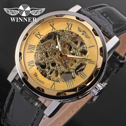 Winner Classic Royal Skeleton Design Men's Watches Hand Wind Black PU Leather Strap Mechanical Movement Wristwatch Montre Homme