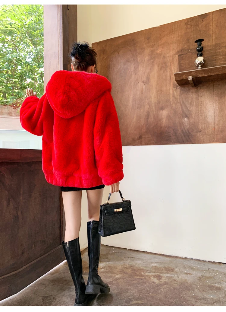 Young Female Fashion Chinese Red Faux Fur Coat Hooded New Year zipper Jacket Lady Outerwear Women\'s Winter Coats Promotion