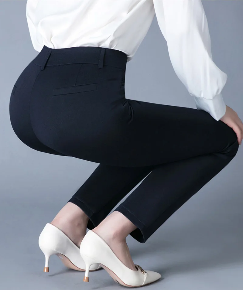 7XL Spring Autumn Casual Button Elastic Mid Waist Black&Navy Blue Straight Trousers Office Lady Quick Drying Suit Pants Female