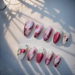 10pcs Handmade Almond Press on Nails Reusable Adhesive Mottling Fake Nails Irregular Manicure Beauty Wearable Finger Tips Woman
