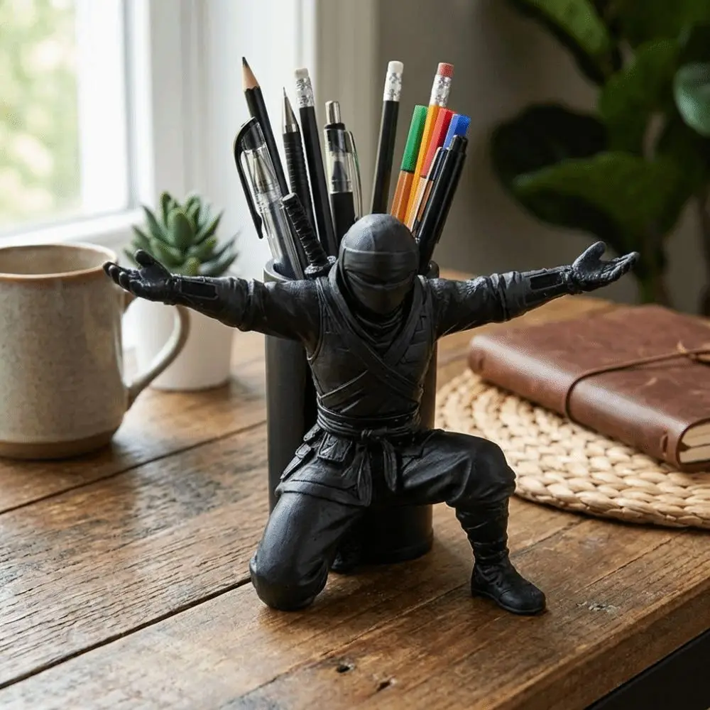 Multi-functional Funny Ninja Warrior Pen Holder Plastic Non-Slip Base 3D Printed Pen Stand Stable Desktop Organizer Gift Idea