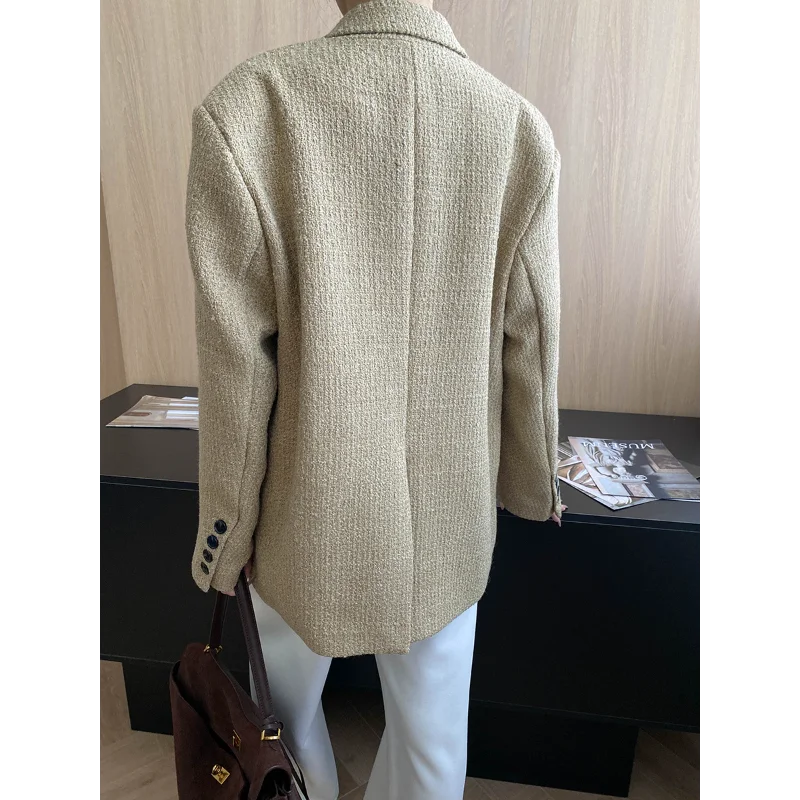 高品質ヴィンテージツイードレジャースーツコート女性の秋と冬のファッションルーズカーキベーシックオフィスレディフレンチコート