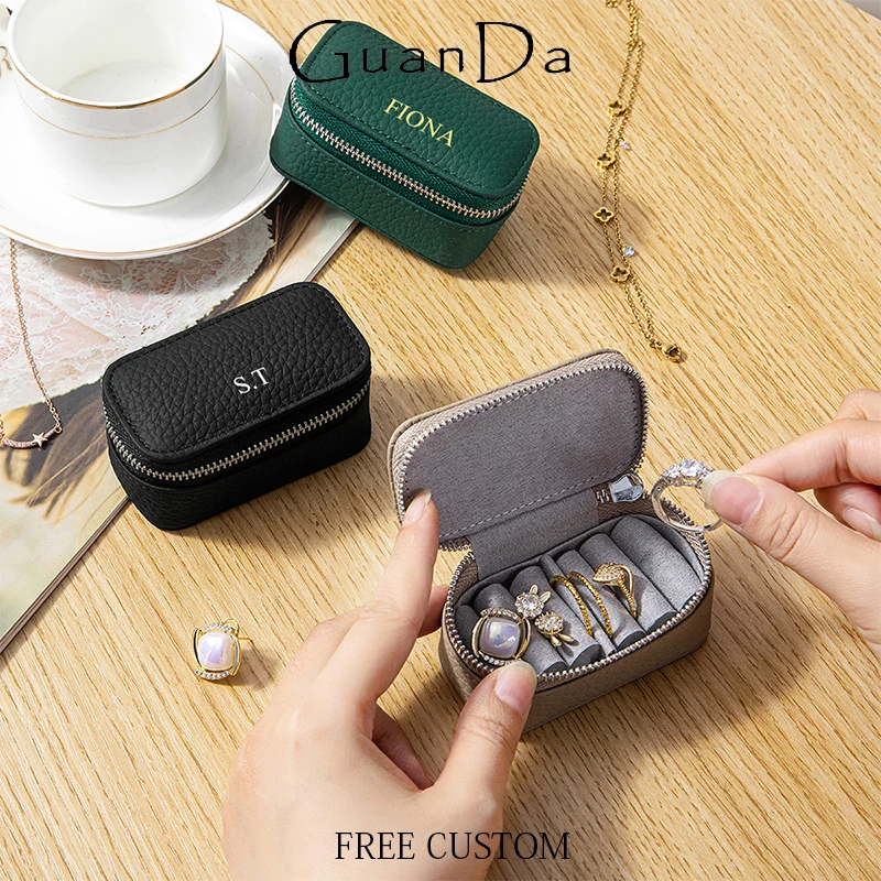 

Genuine Leather Zip Woman Jewelry Box Engrave Name Ring Earphone Storage Box Cowhide Lady Luxury DIY Fashion Mini Coin Purse