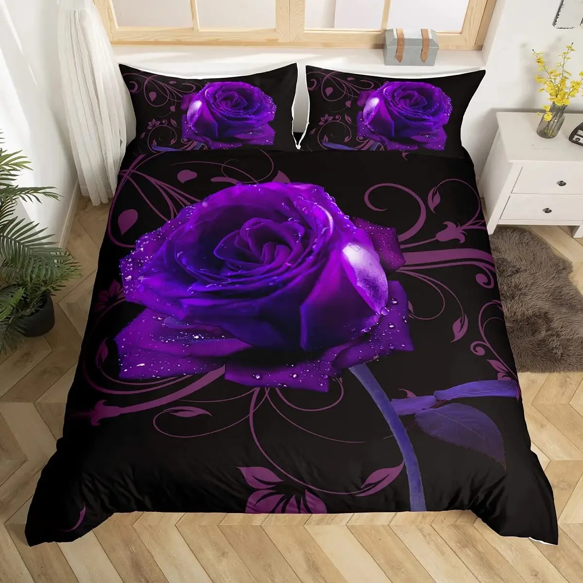 

Purple Rose Duvet Cover Set Queen Size Romantic Flowers Bedding Set Valentine's Day Floral Comforter Cover Lover Couple Gift