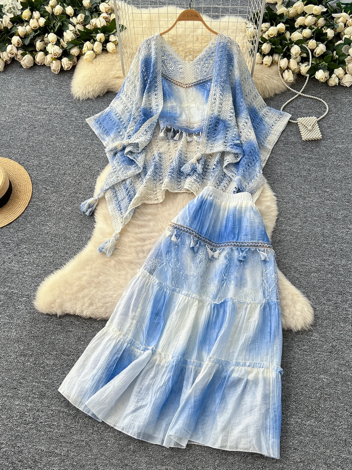 

Sweet adient Color Tassel Трикотажная юбка с высокой талией Комплект женской верхней одежды Vaion Travel с майкой