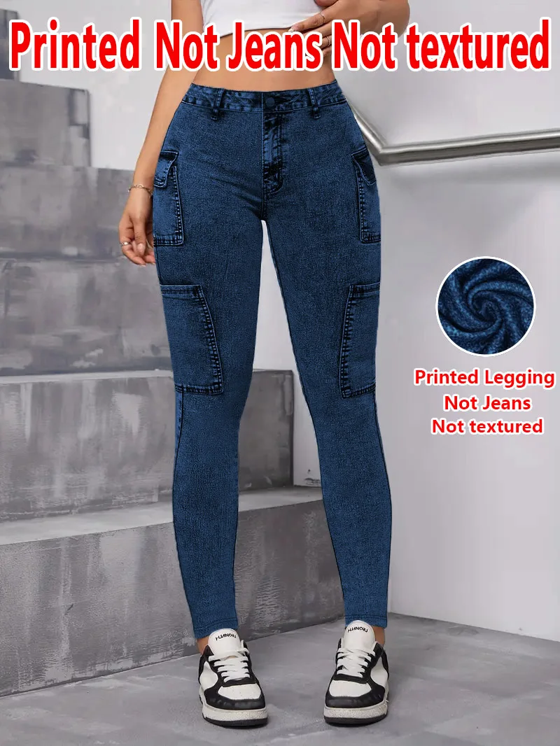 2117 Women's Non-Leather Denim Print Tight Pants Texture-Free Fabric Bottoming Trousers for All Seasons