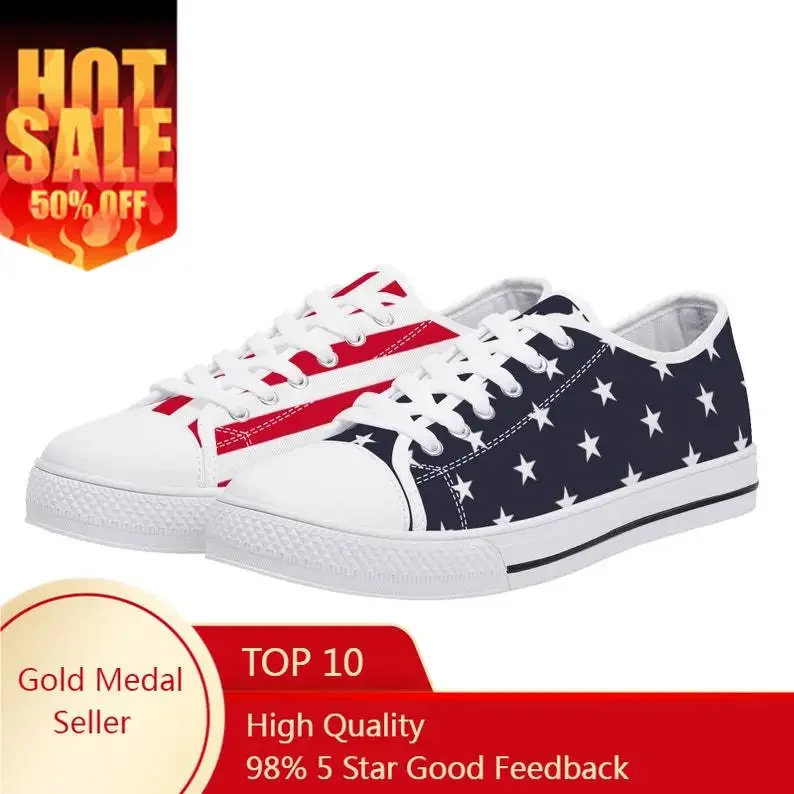 

American Flag Women Shoes, Red White Blue Patriotic Fourth 4th of July Stars Stripes USA Low Top Sneakers Canvas Lace Up Girls L