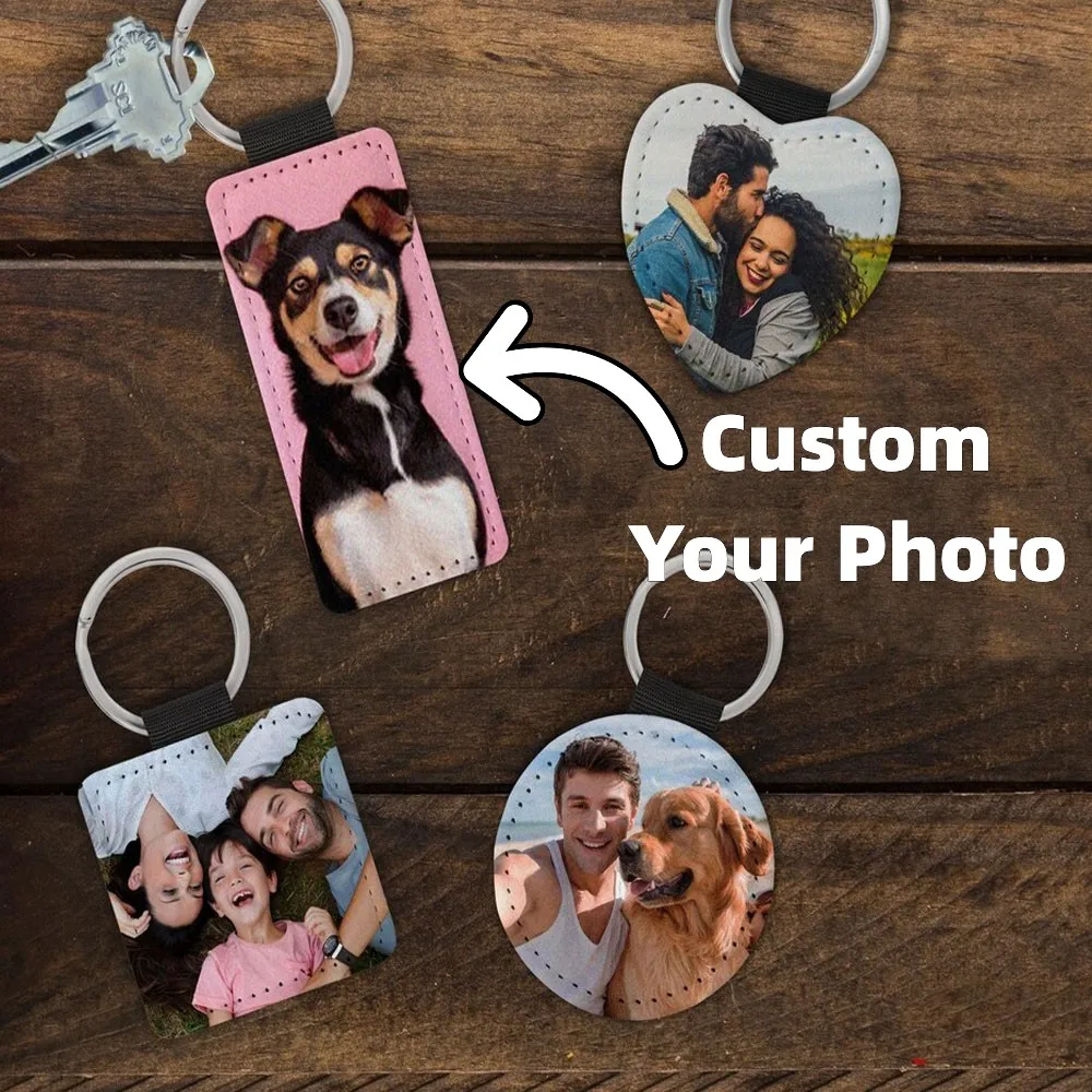 

Custom Pet Tags Couple Photo Keychain PU Leather Heart Rectangle Double Sided Keychain DIY Personalized Pop Star Picture Keyring