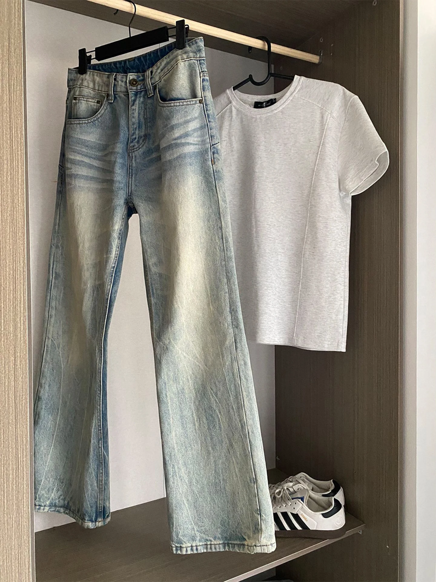 

Light Blue Thunder Pattern Bow Knife Jeans Men's American High Street CleanFit Straight Leg Micro Flare Pants Casual Cotton P...