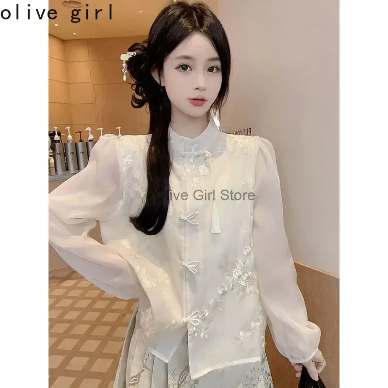 High End Shirt Embroidery Spring Autumn Chiffon Button Up Collar Long Sleeved Top Traditional Chinese Hanfu Top Women\'s Clothing