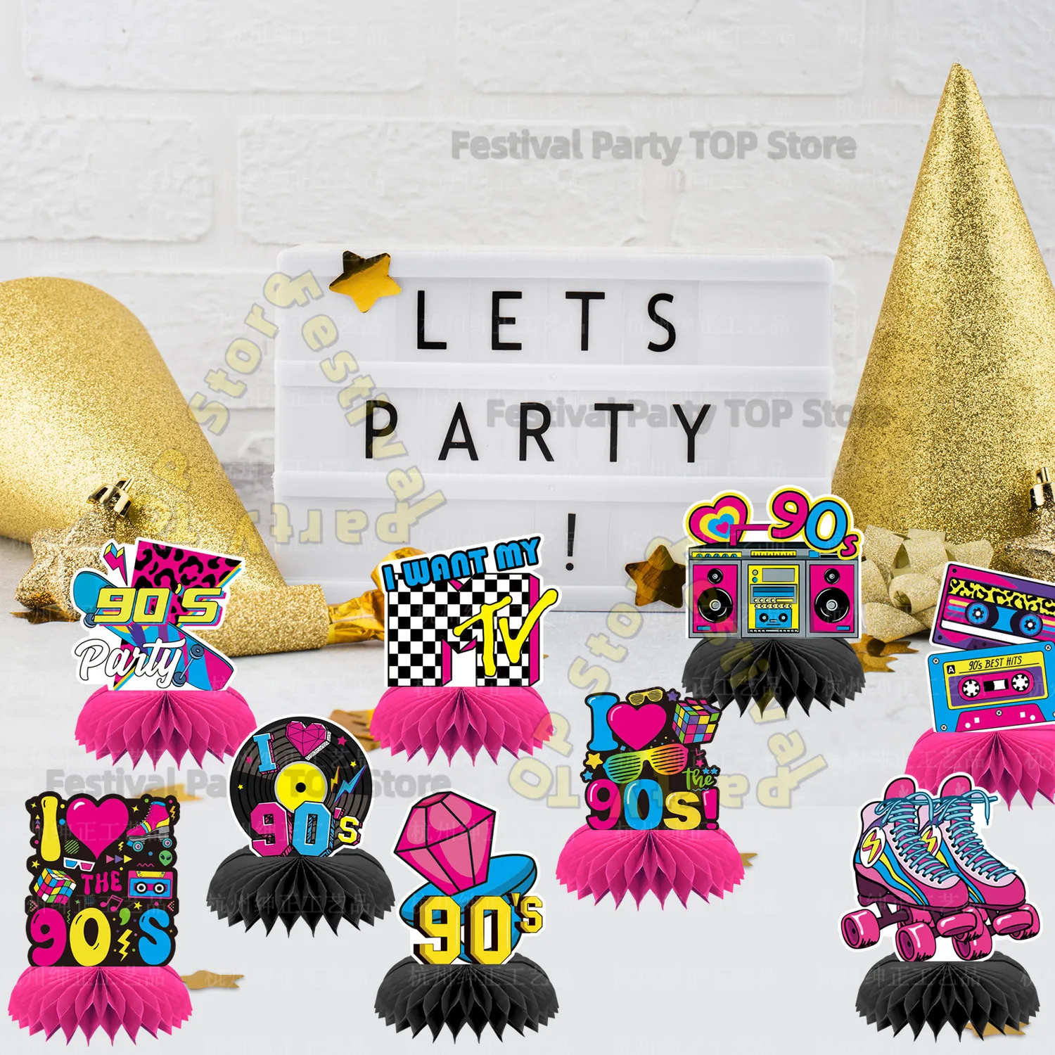 New Neon Night Disco Honeycomb Centerpieces Back to 90s Hip Hop Birthday Party Decorations Table Toppers Nostalgic Party Suppl
