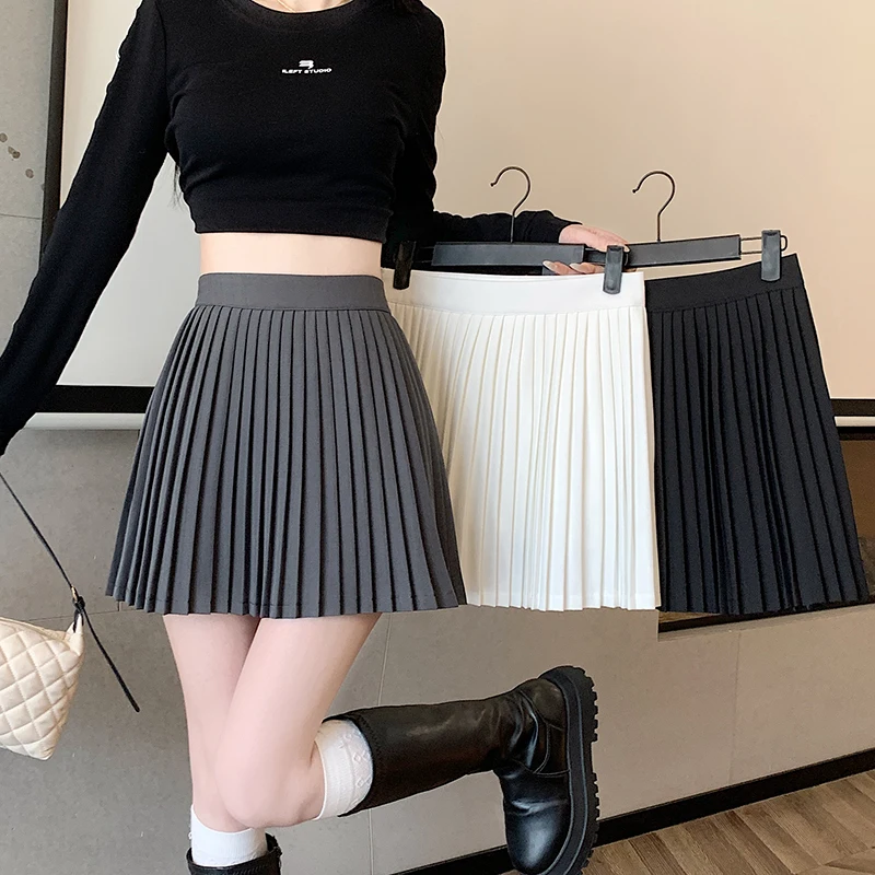 

2024 New Korean version high waisted accordion pleated pleated A-line skirt looks slim, solid color elastic waist short skirt