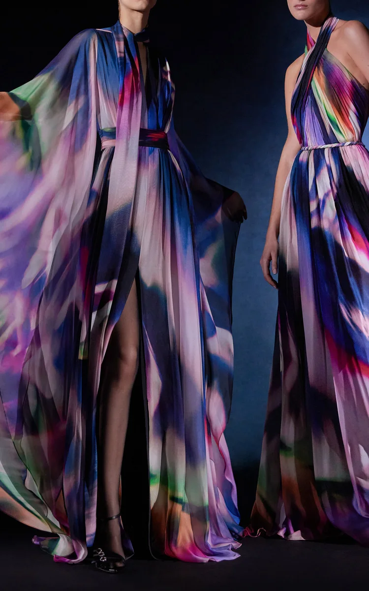 ハイストリート最新ファッション 2025 デザイナー Party Vestido 女性のドリフトスリーブカラフルなプリントホリデーロングドレス