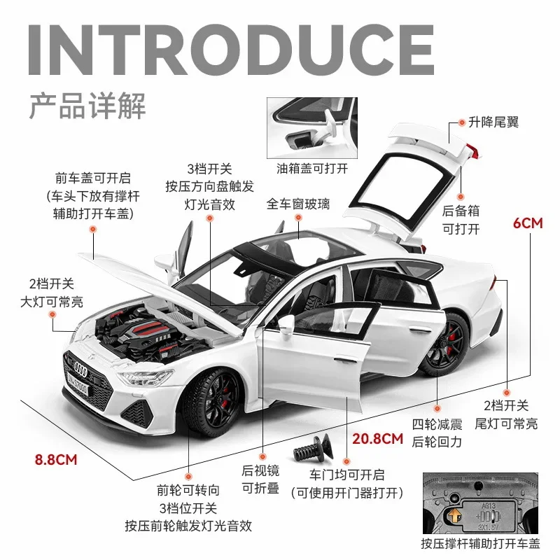 1:24 rs7 sportback liga modelo de carro esportivo som e luz puxar para trás modelo de veículo de metal brinquedos para crianças meninos presentes