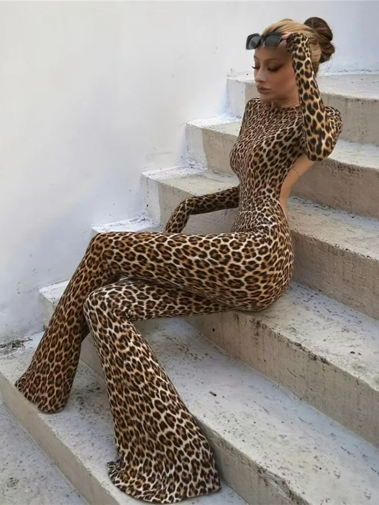 

FDYOUI 2026 Женский элегантный комбинезон с круглым вырезом, длинными рукавами, открытой спиной и расклешенными брюками, с леопардовым принтом, уличная одежда