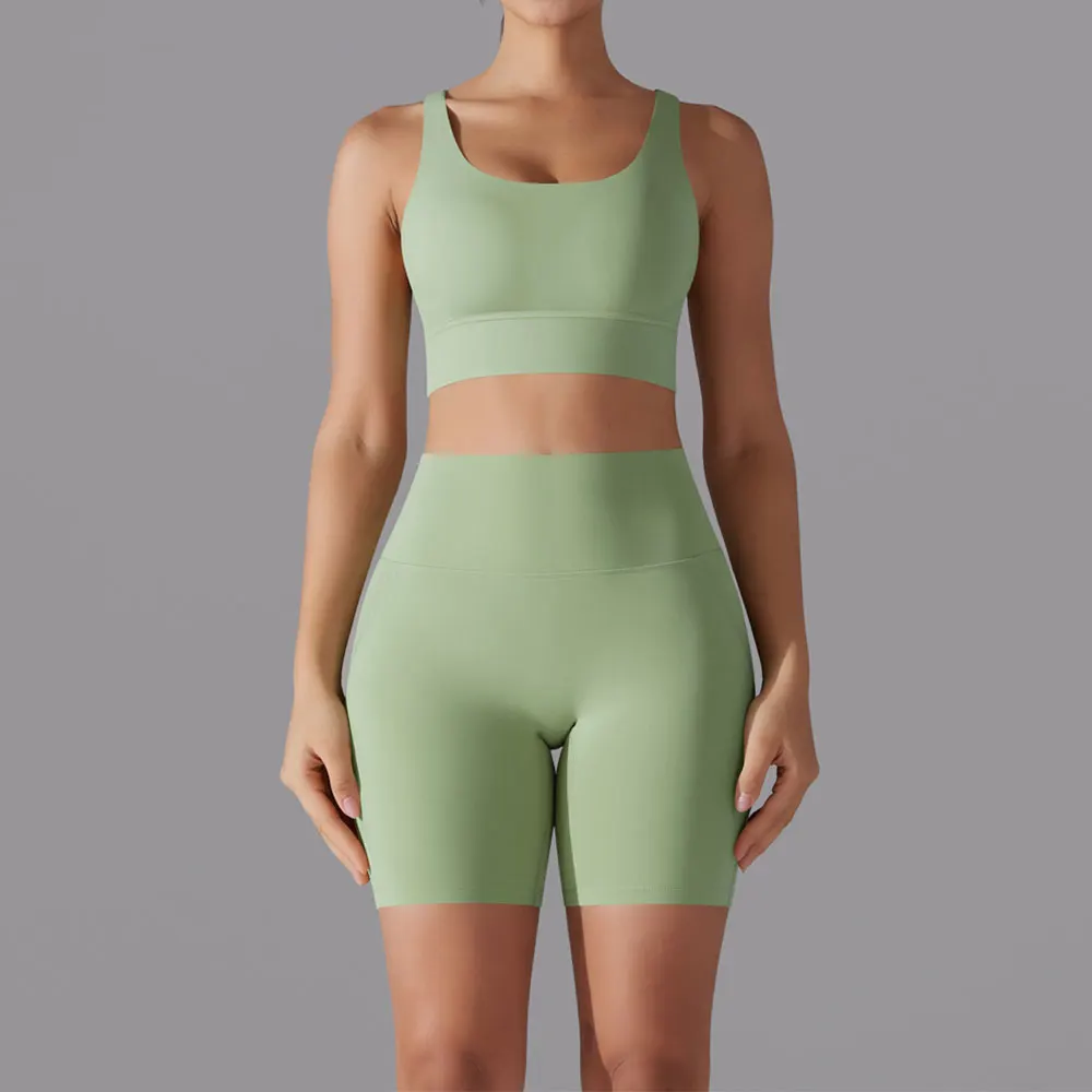 Ensemble de vêtements de yoga 2 pièces pour femmes, survêtement d'entraînement, course à pied, vêtements de sport, short taille haute, soutien-gorge de fitness, combinaisons de sport