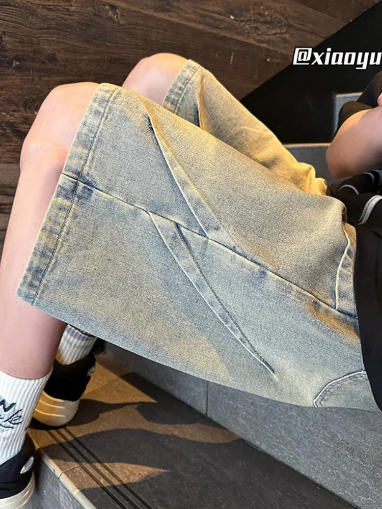 

Мужские летние тонкие джинсовые шорты, повседневные свободные прямые джинсы, износостойкие, молодежные, модные, синего цвета, со средней посадкой, на молнии