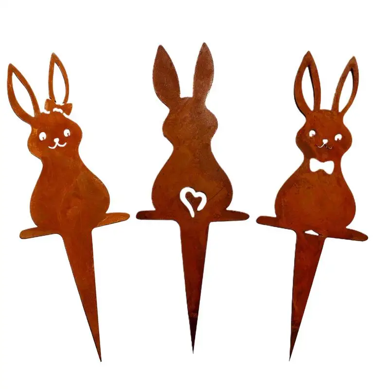 Iron Rusty Rabbit Decorative Sign 3X Outdoor Happy Easter Rabbit Yard Sign Iron Animal Ground Inserts Outdoor Animal Stake For