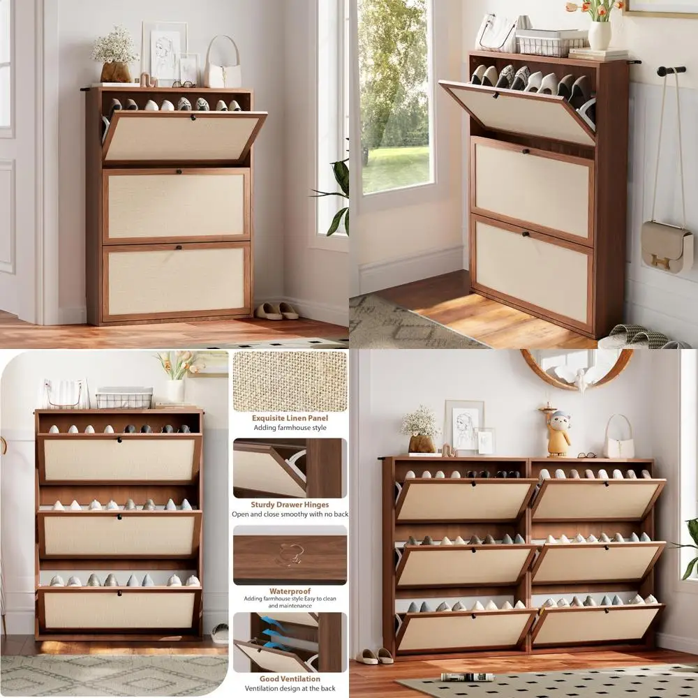 slim natural linen panel shoe storage cabinet with 3 flip drawers for entryway