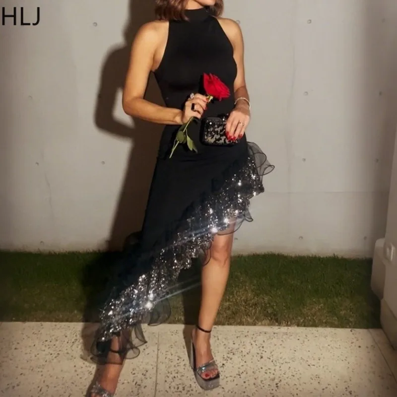 

HLJ Sexy Sequines Bodycon Long Dress Women Black Sleeveless Irregular Tassel Patchwork Dresses Female Party Clubwear Vestidos