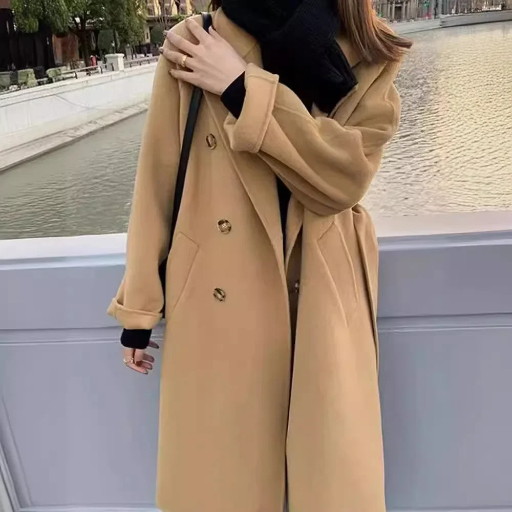 Belt woolen coat women's anti-season fashion fashion new double-breasted design autumn and winter woolen coat medium and long