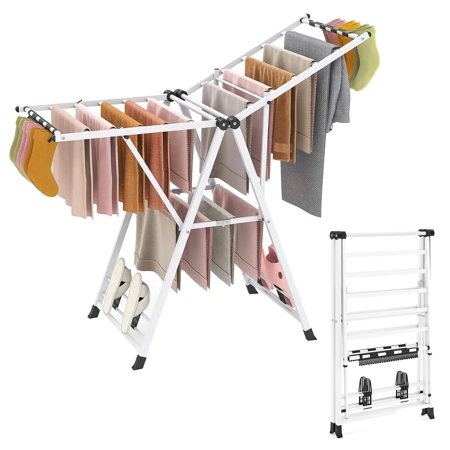 Clothes Drying Rack, Foldable 2-Level Laundry Drying Rack with Adjustable Wings, 16 Drying Rails, 28 Sock Clips, Customized