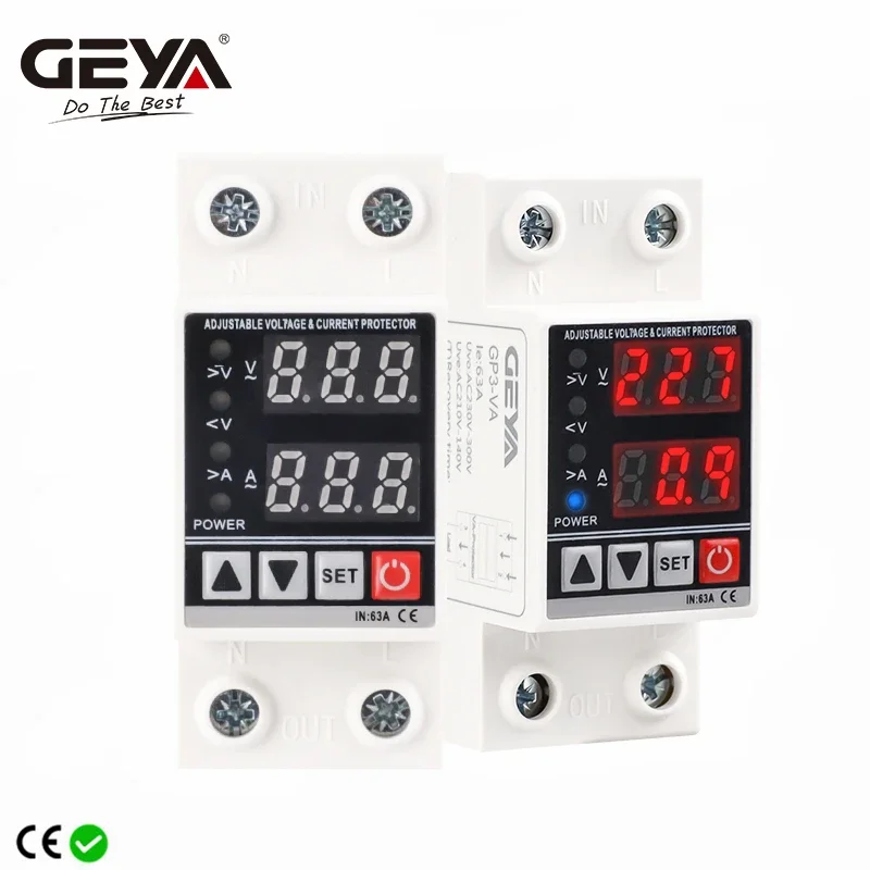 GEYA GP3-VA Din Rail Over Current Protector Over Voltage Under voltage Protective Device 40A 63A Voltage Protector 220VAC