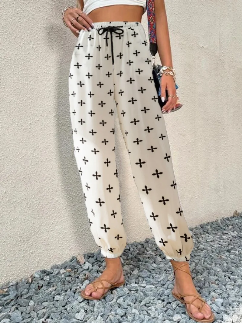 Women Casual Leopard Print Ankle Length Pants 2024 High Waist Drawstring Pant Loose Jogger Fashion Plus Size Ladies Trousers