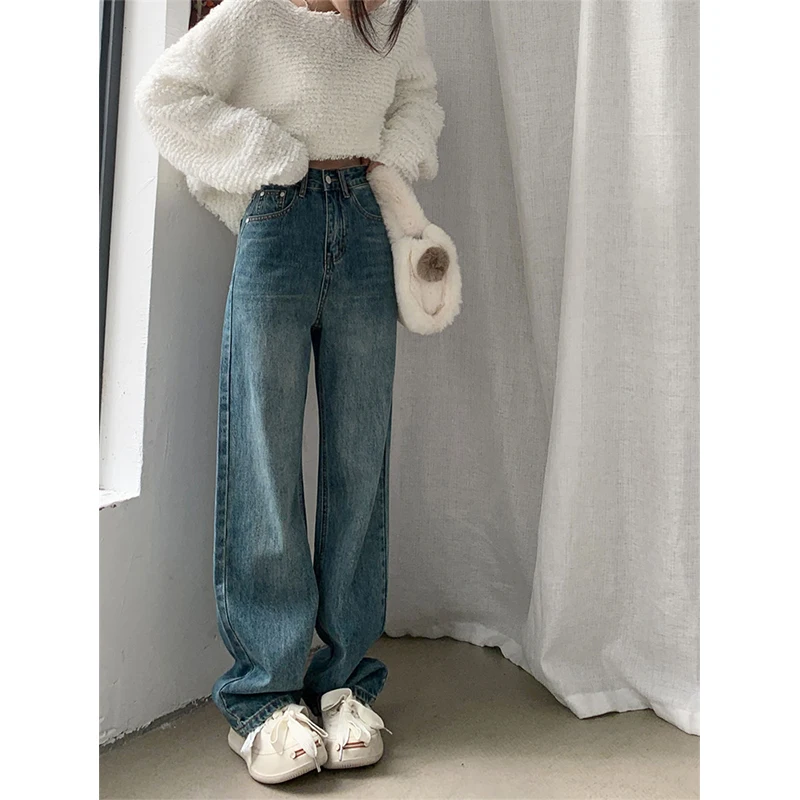 

2024 Fashion Women Spring Autumn Long Wide Leg Denim Pants Female High Waist Loose Jeans Ladies Baggy Denim Trousers S692