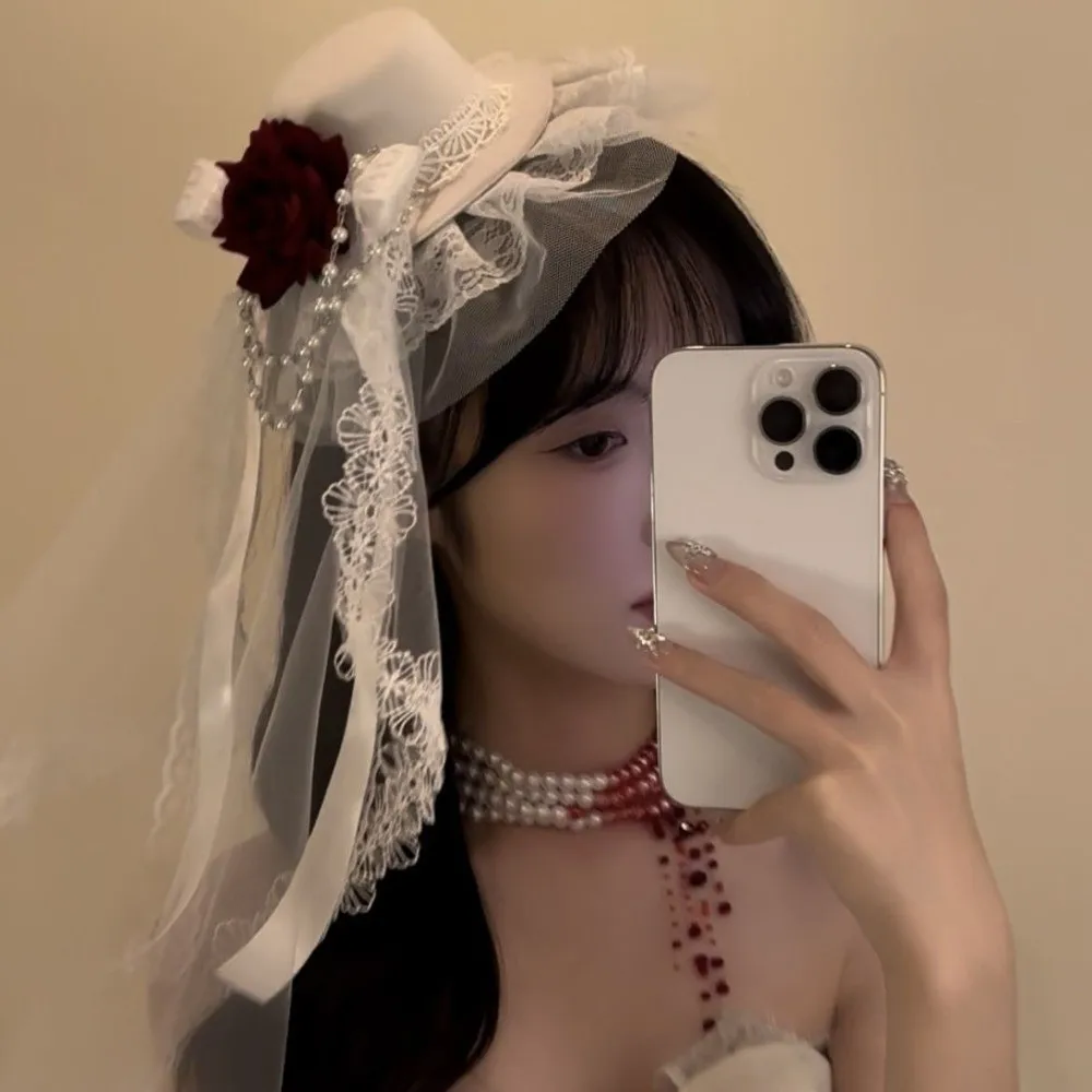 Flowers Bow Decor Gothic Veil Rose Top Hat Cosplay Costume Gothic Dark Mini Top Hat Gift Black or White Lolita Headdress Men