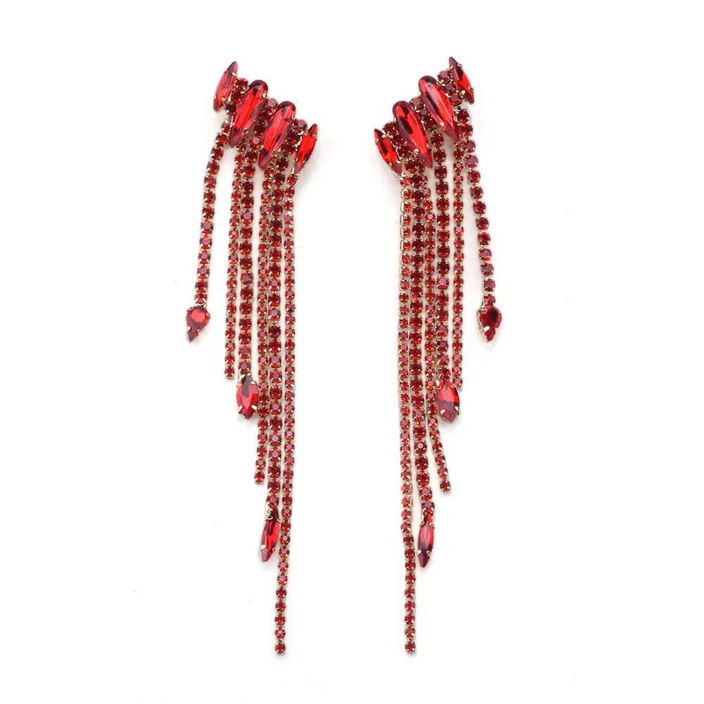 2025 New Super Long Red Green Crystal Rhinestones Tassel Earrings Women Indian Wedding Statement Waterfall Earrings Jewelry