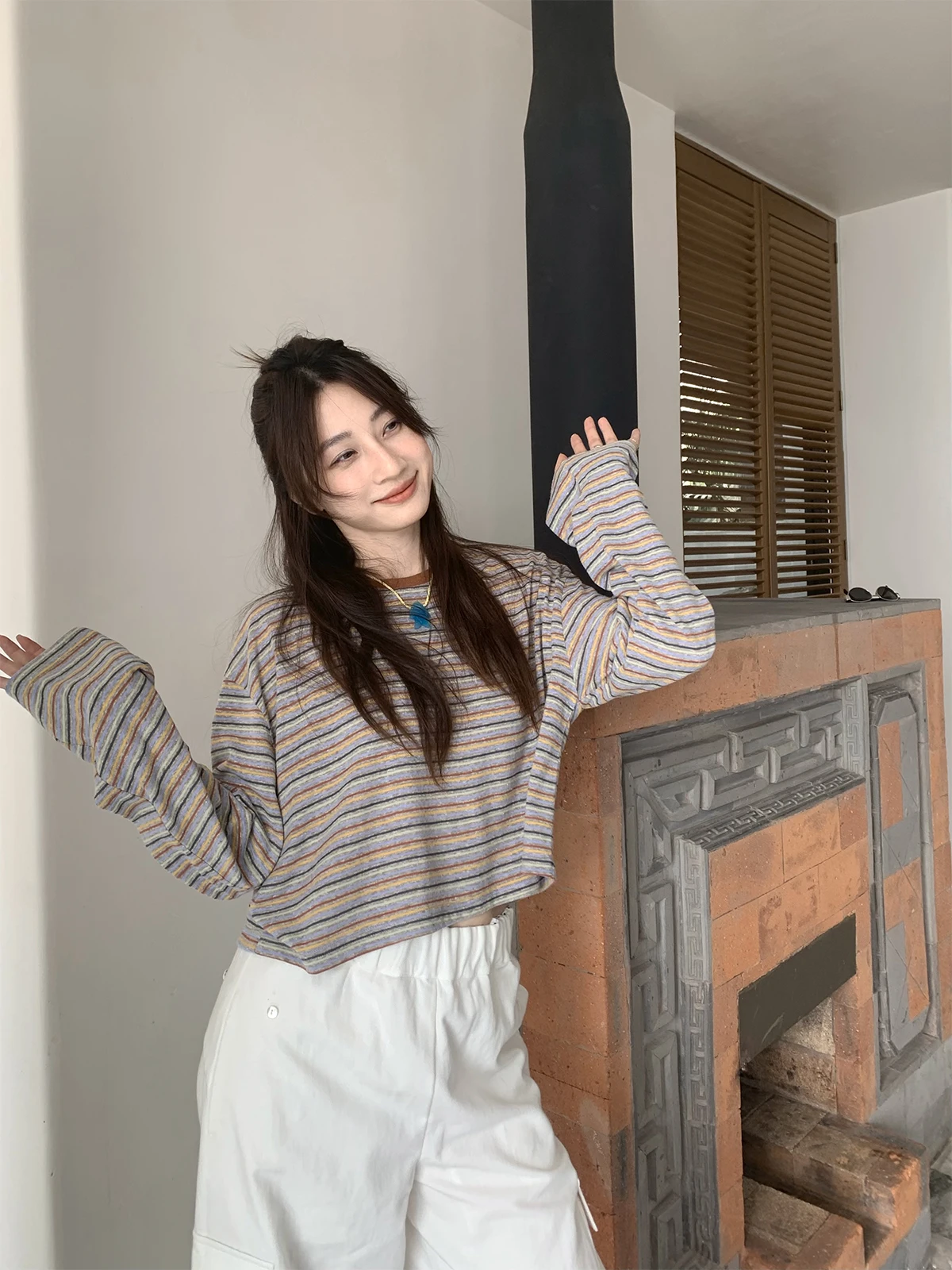 

Женская футболка Tetu STUDIO Natural Feel Stripes Hanflax свободного кроя с длинным рукавом и круглым вырезом, в повседневном стиле