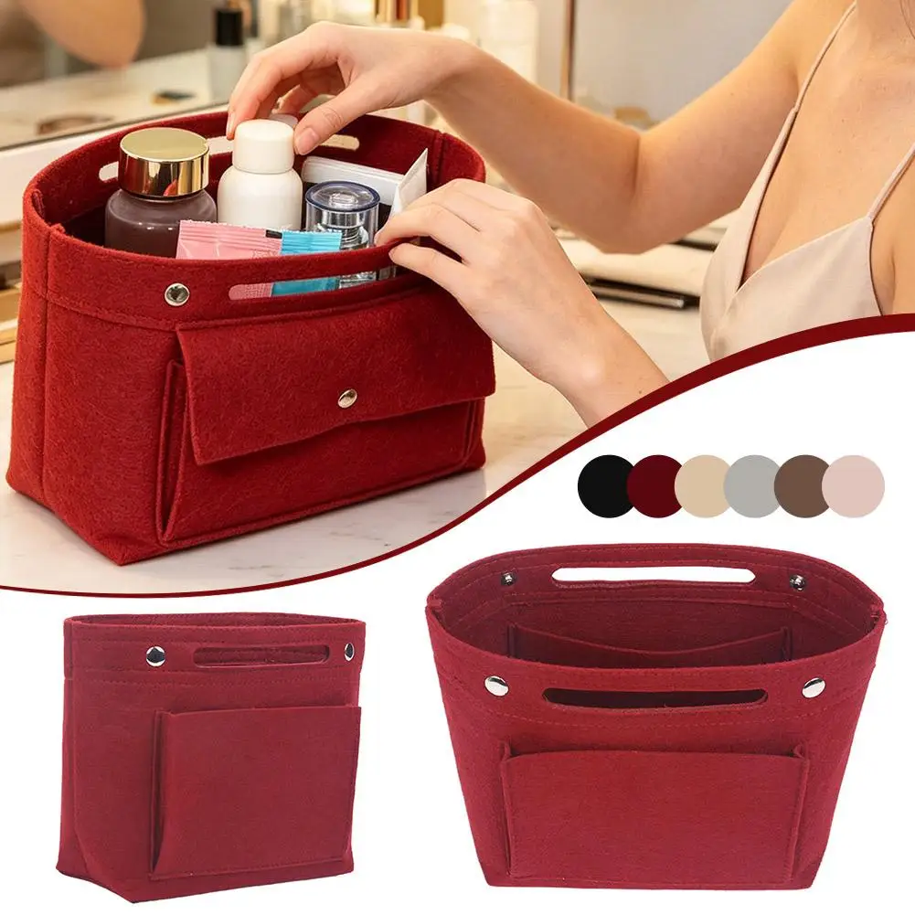 Mini Slim Felt Purse Organizer Insert with Snap Closure Makeup Bag In Bag Shaper with Multi-Pockets for Handbag & Tote ﻿