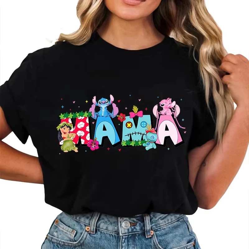 

Disney Summer New Top Cartoon Stitch Mama Printed Women's Summer 100% Cotton T-shirt Short-sleeved Casual Top Harajuku Clothing