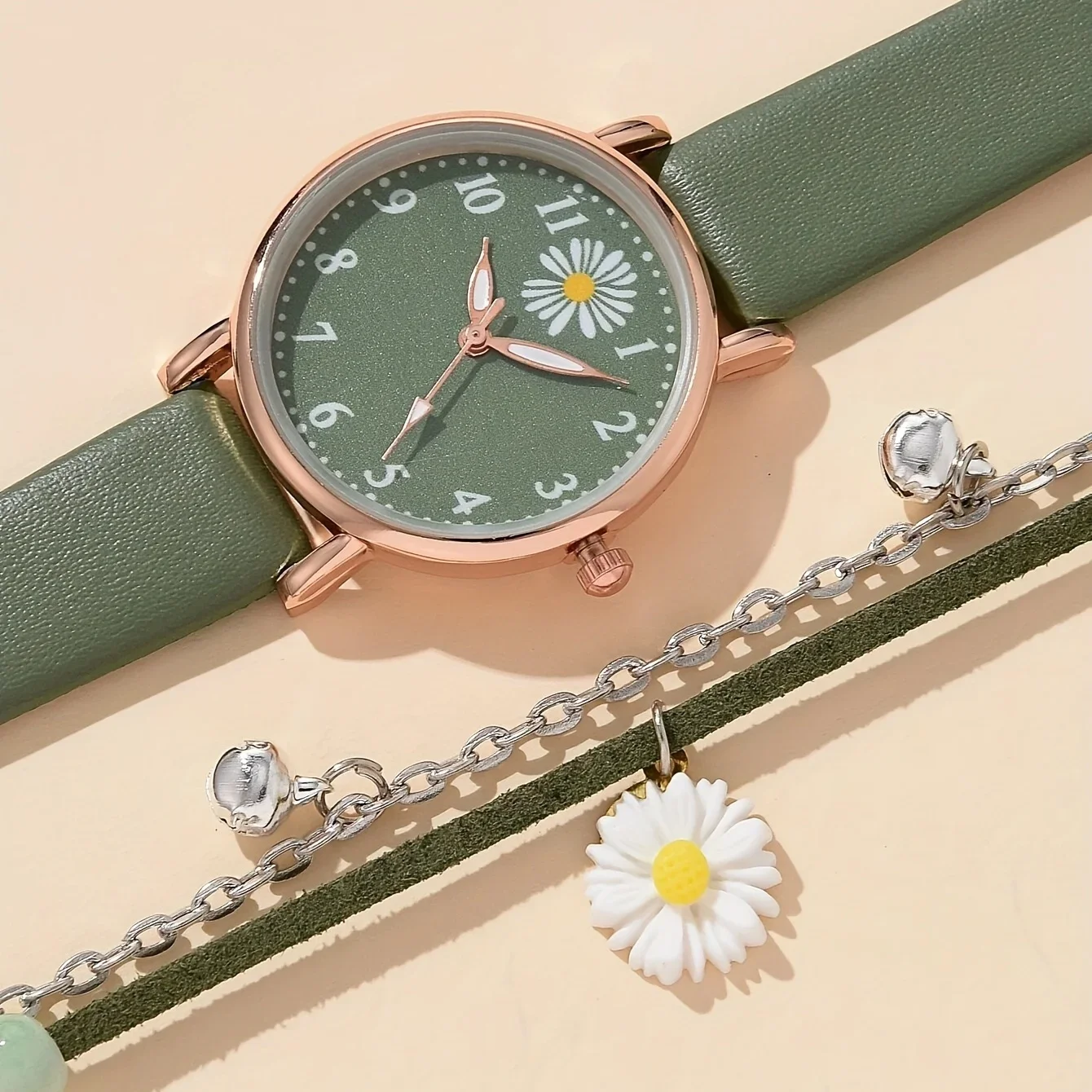 1pc Round Pointer Quartz Watch Cute Daisy Charm Electronic Wristwatch With PU Leather Strap & 1pc Bracelet, Best Gift For Her image 2