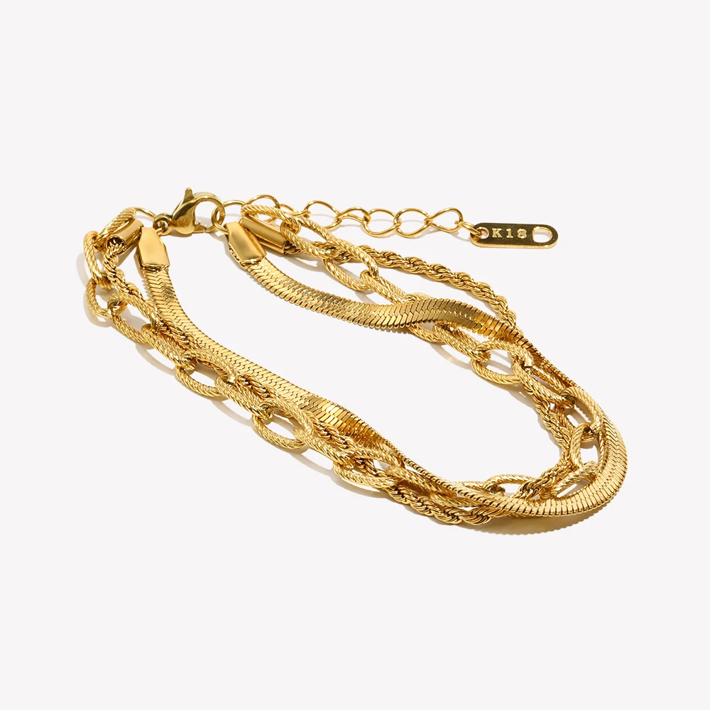 E.B.belle Three Layer Bacelet Chain Snake Chain Twisted Chain 18K Gold Plated Exquisite Jewelry Women Party