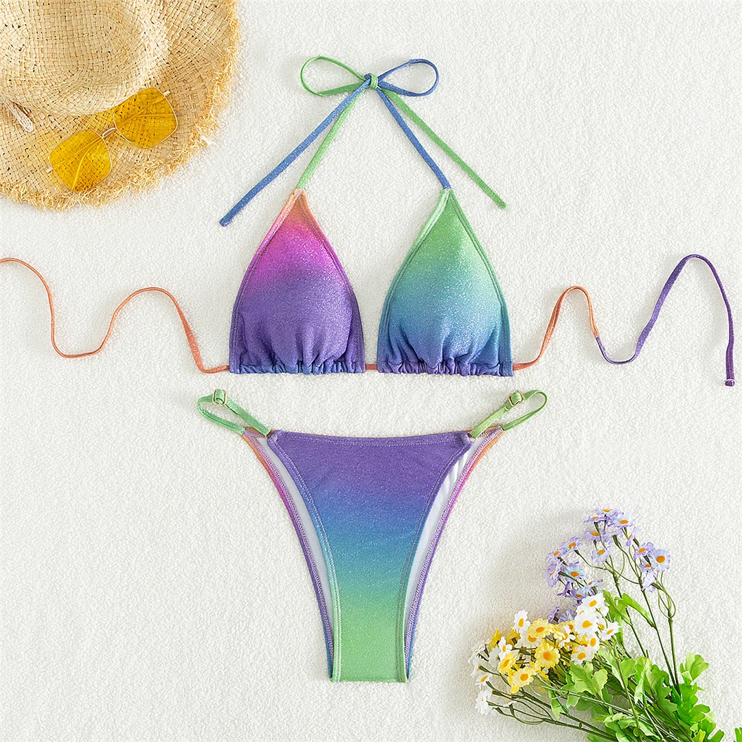 XS - L Bunter, glänzender Bikini mit hohem Beinausschnitt, Damen-Badebekleidung, zweiteiliger Bikini-Set, Badeanzug, Badebekleidung, Schwimmbekleidung V5393 – Detail 9