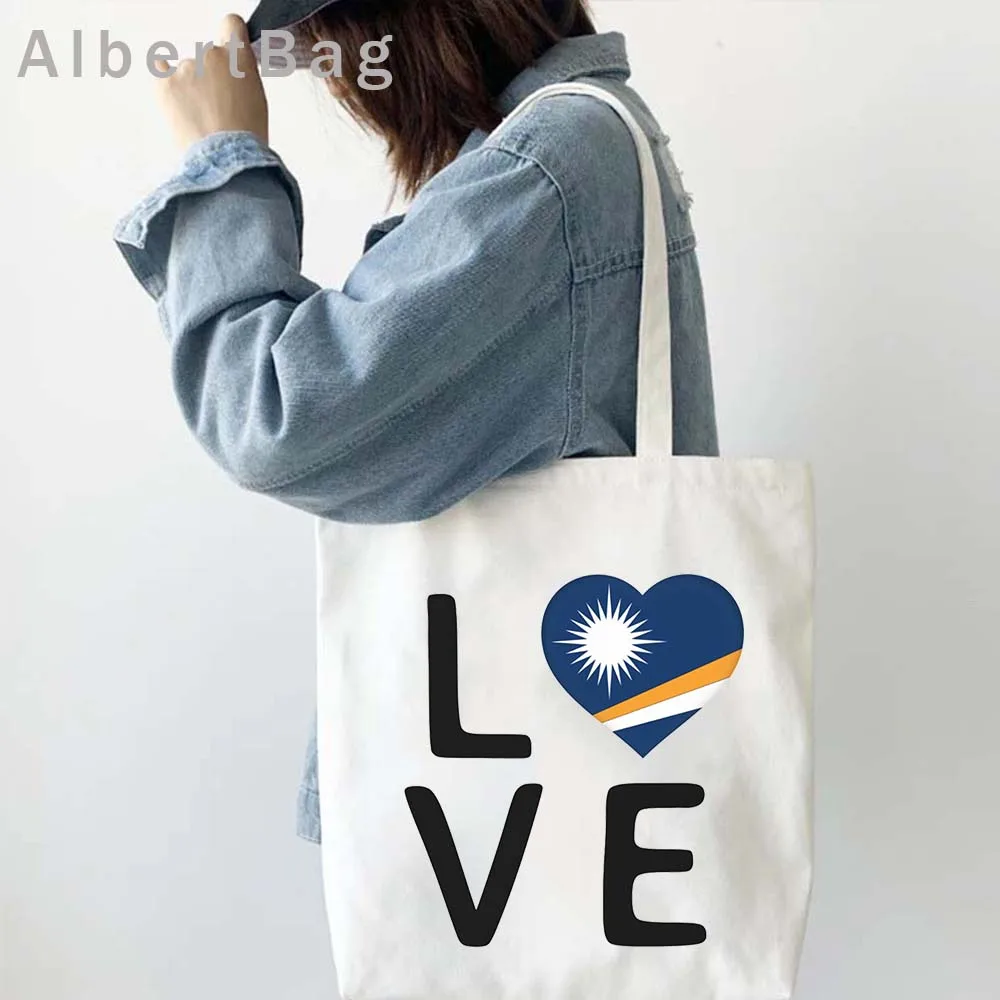 Love Arms of Marshall Islands Flag Heart Map Emblem Patriotic Gifts Marshallese Girl Canvas Shoulder Tote Bag Cotton Eco Handbag