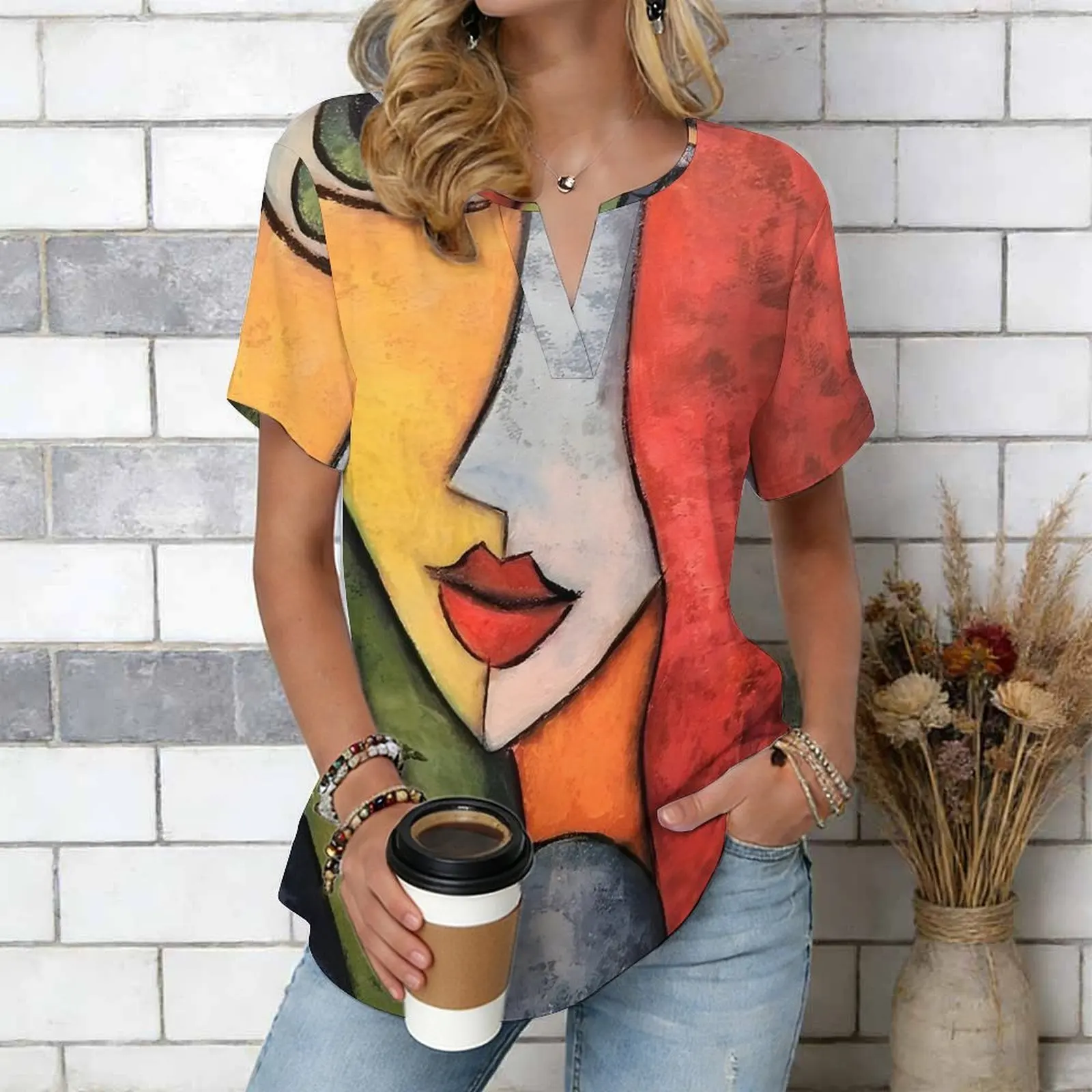Women Print Notched V Neck Short Sleeve Casual Loose Tunic Tops