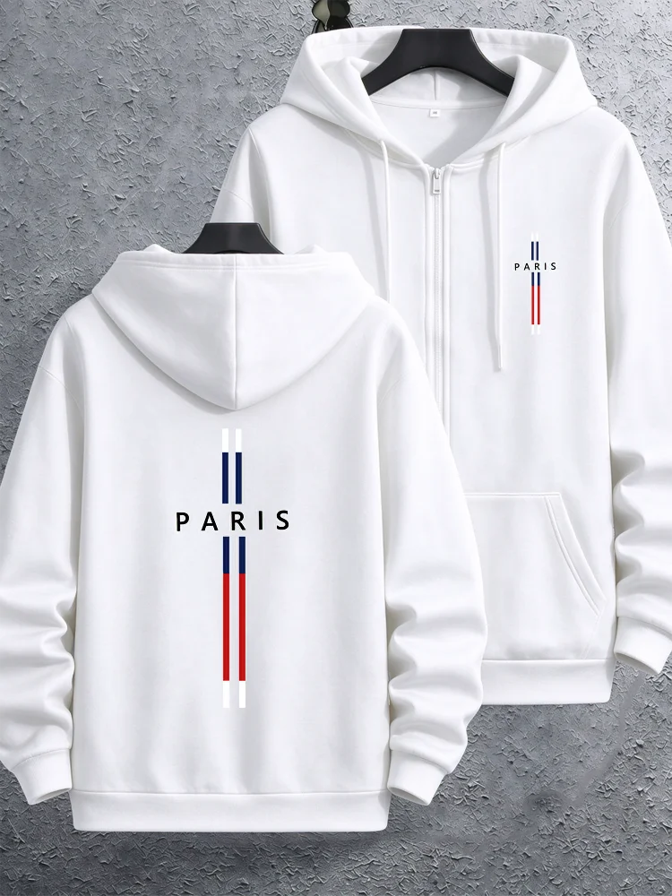 Urban Paris Stripe Slogan Mens Zip Up Fleece Hoodies Y2K Vintage Athletic Workout Sweatshirt Warm Loose Sportswear Jacket