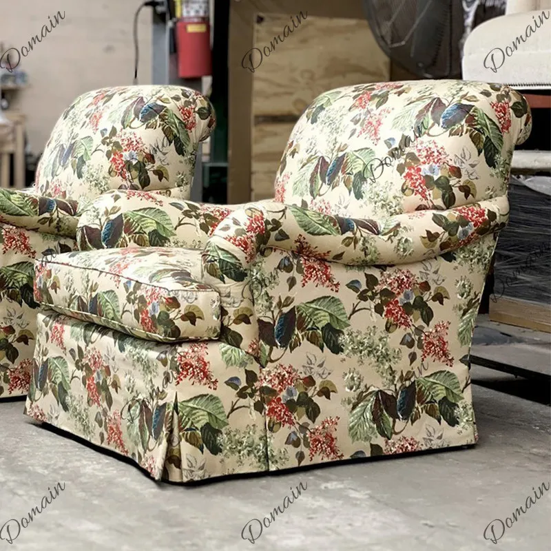 French printed sofa villa bungalow floral single sofa American retro solid wood single chair balcony leisure chair