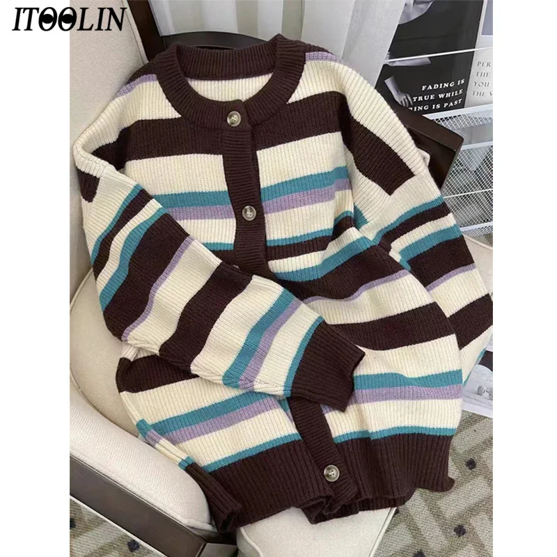 

ITOOLIN Autumn Women Casual Sweaters Cardigan O-Neck Long Sleeved Cardigan Sweaters Coat Loose For Women Knitted Cardigan Tops