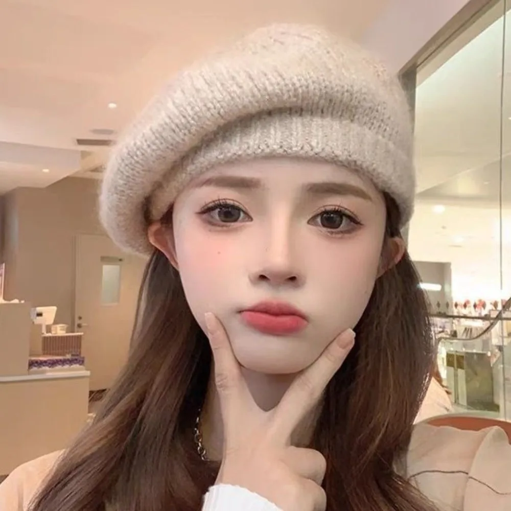

Retro Mohair Knitted Beret Hat Solid Color Fluffy Wool Painter Hat Harajuku Korean Knitted Octagonal Cap Ladies