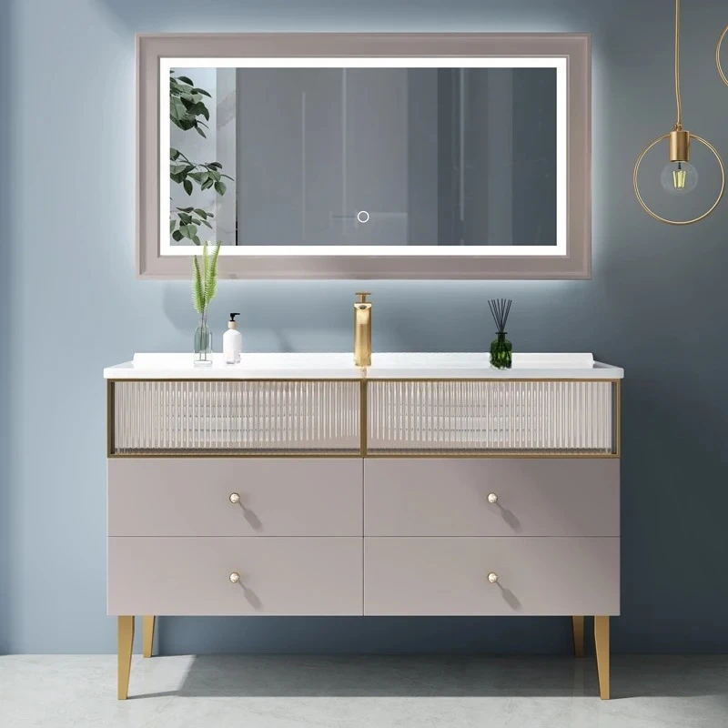 

Modern Bathroom Cabinet Combination Ceramic Whole Washbin Light Luxury Smart Oak Washstand Bathroom
