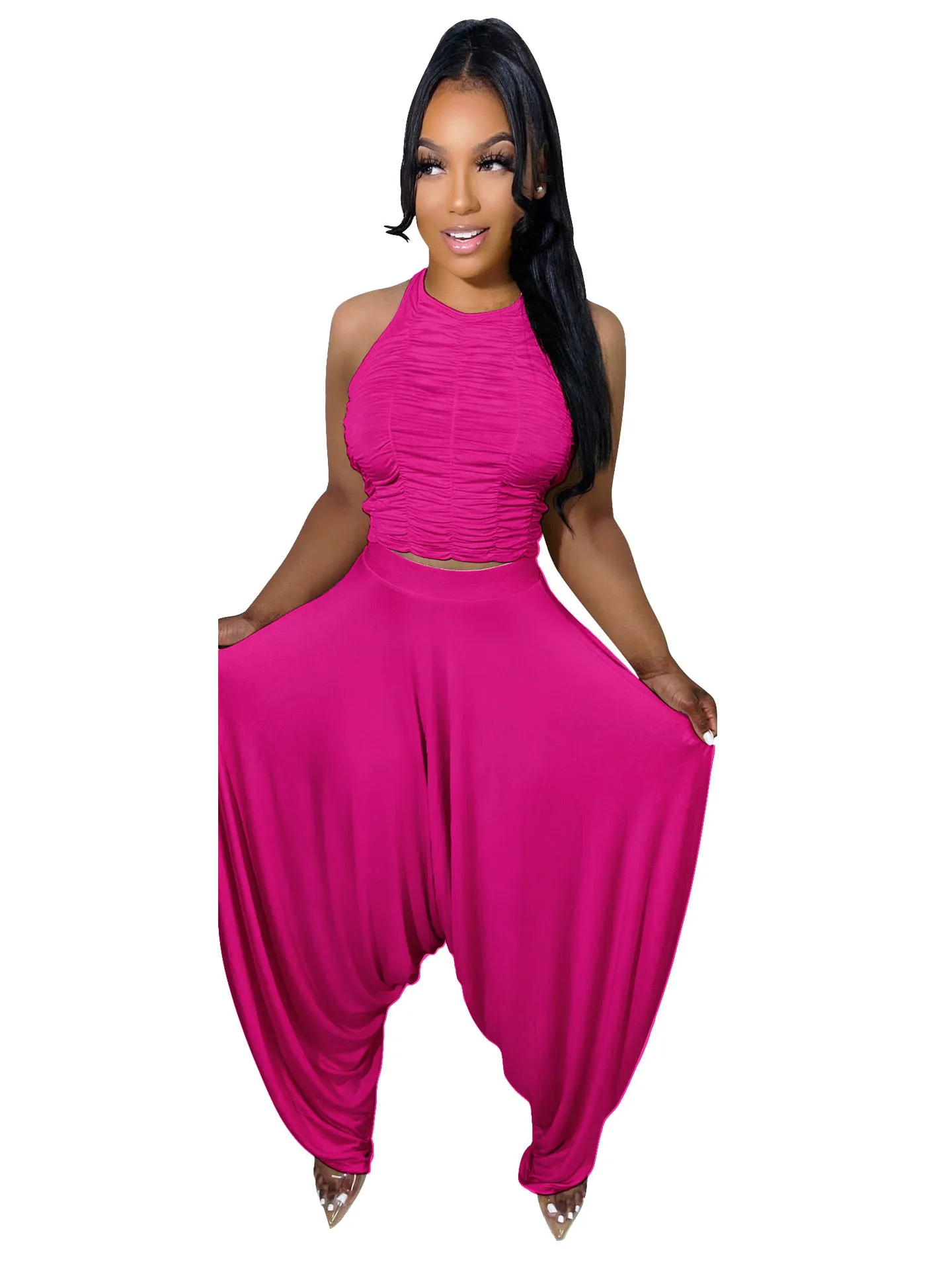 

Szkzk summer new backless Camis and drape Wide leg pants two piece set Women streetwear high waist trousers loose sexy sets