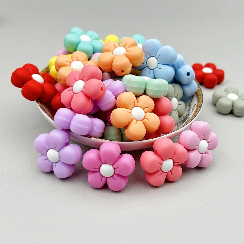 10PC Baby 11 Colors Flowers Beads Teethe Baby DIY String Pen Bead Nipple Chains Jewelry Accessories Teethe Silicone Focal Beads