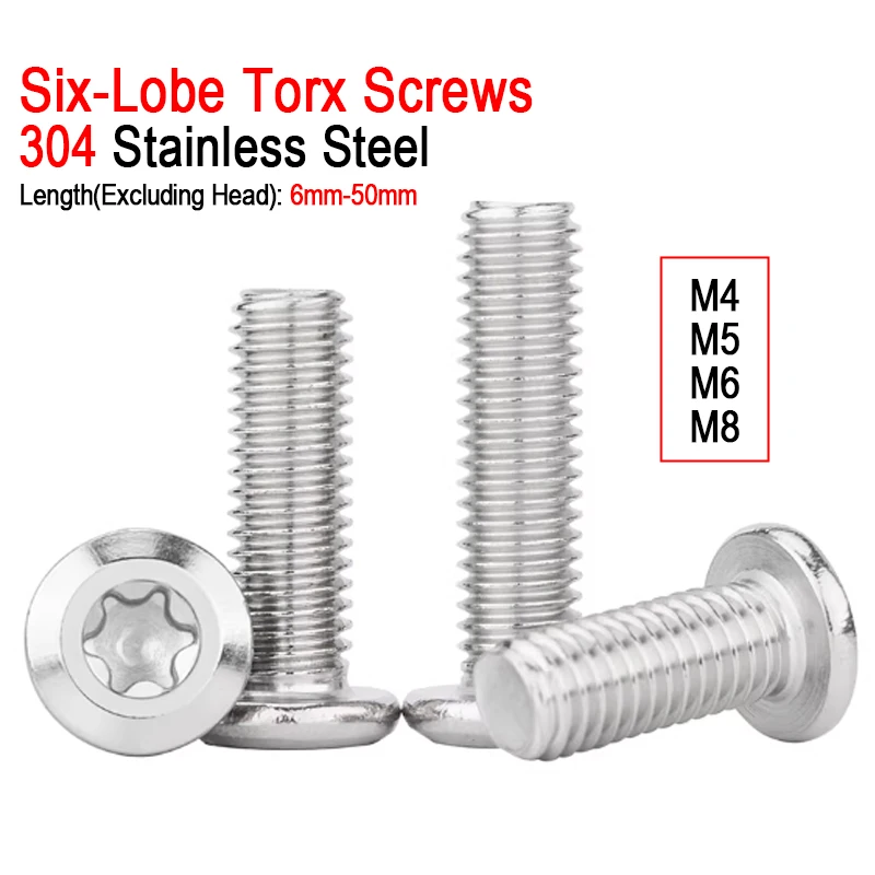 Length 6mm-50mm Six-Lobe Torx Large Flat Head Screws M4 M5 M6 M8 304 A2 Stainless Steel Security Bolts 5/10/20/50pcs